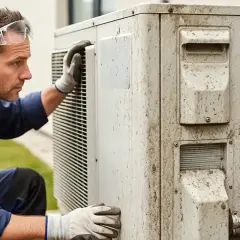 Technik w okularach ochronnych sprawdza stan brudnej pompy ciepła. Regularna konserwacja pompy ciepła zapewnia jej sprawność.