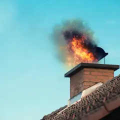 Płomienie i dym wydobywają się z komina, pokazując, jak długo wypala się sadza w kominie.