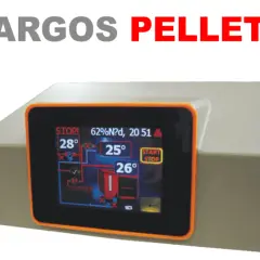 Nowoczesny piec węglowy z podajnikiem Argos Pellet, z cyfrowym wyświetlaczem pokazującym temperaturę i status pracy.