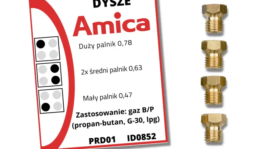 Dysze Amica do przystosowania kuchenki gazowej do gazu z butli (propan-butan, LPG). Zestaw zawiera dysze do palników o różnej wielkości.