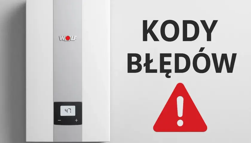 Na piecu gazowym marki WOLF wyświetla się kod błędu "47". Obok widnieje napis "KODY BŁĘDÓW" i czerwony trójkąt z wykrzyknikiem.