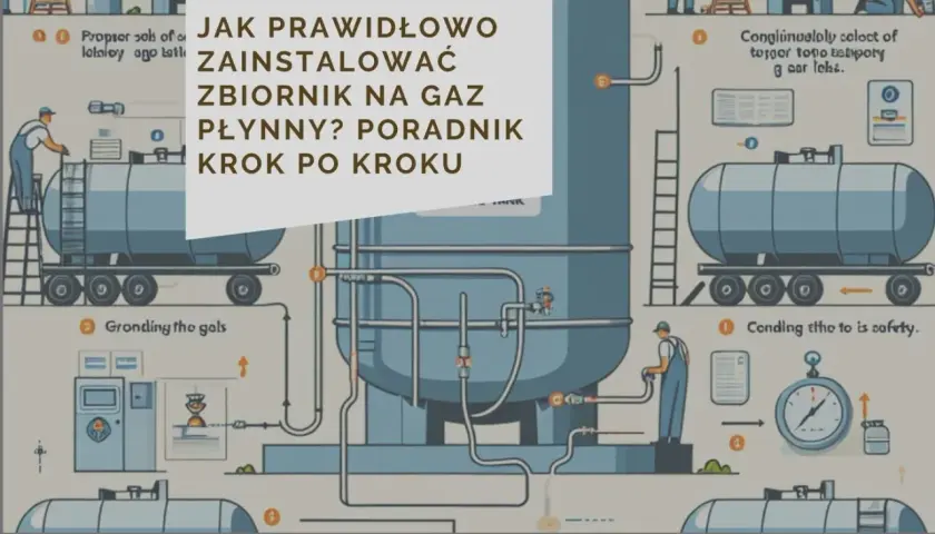 Ilustracja przedstawia schemat budowy instalacji gazowej, z naciskiem na prawidłowy montaż zbiornika na gaz płynny.