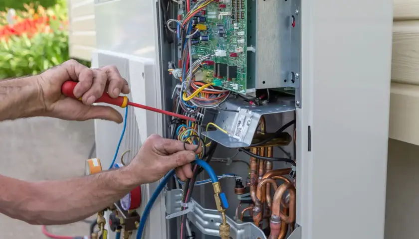 Fachowiec wykonuje serwis pomp ciepła Hitachi, pracując przy otwartej jednostce zewnętrznej z widoczną elektroniką i przewodami.