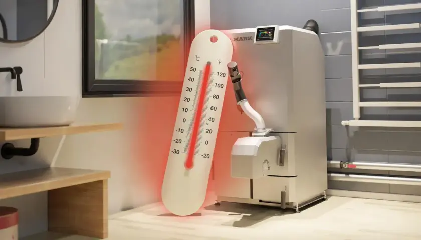 Termometr pokazuje za dużą temperaturę na piecu. Czerwona linia sięga ponad 50°C, sygnalizując przegrzewanie.