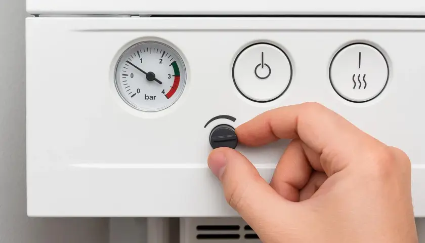 Dłoń reguluje pokrętłem piec gazowy. Manometr wskazuje niski poziom ciśnienia, sugerując brak wody w instalacji.