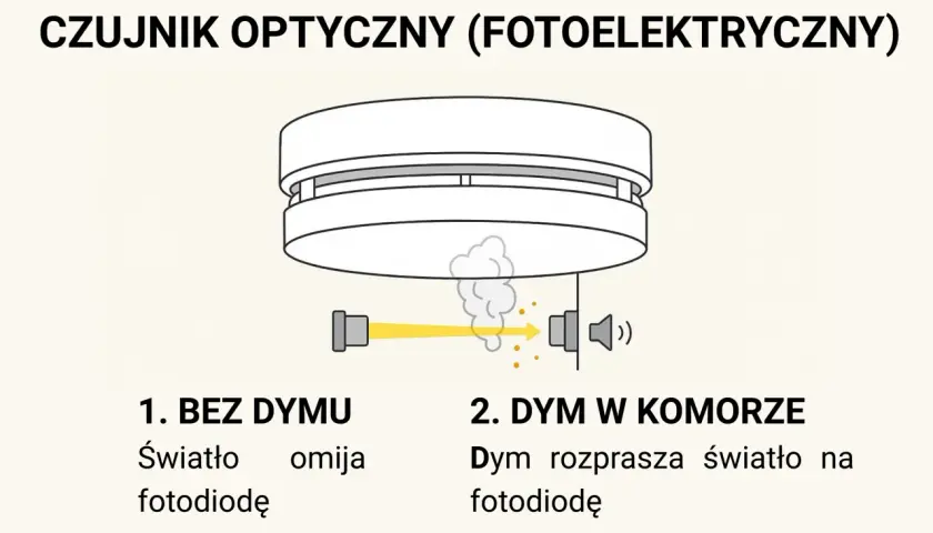 Ilustracja pokazuje, dlaczego czujnik dymu pika co jakiś czas. W komorze bez dymu światło omija fotodiodę, a w obecności dymu światło jest rozpraszane na fotodiodę.