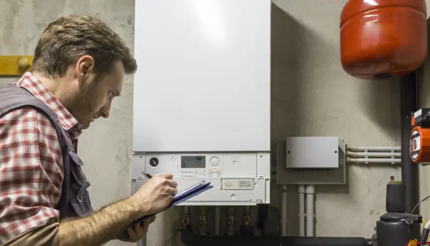 Technik sprawdza instrukcję obsługi, by dowiedzieć się, jak ustawić piec gazowy dwufunkcyjny.