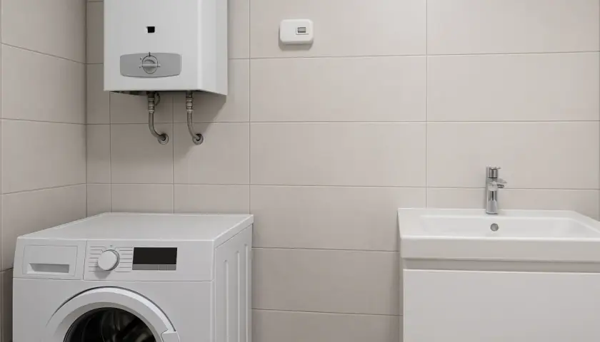 Czujnik czadu zamontowany na ścianie nad pralką i podgrzewaczem wody. W łazience znajduje się też umywalka.