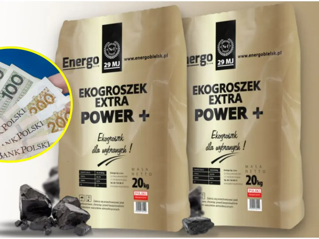 Dwie torby ekogroszku "Energo 29 MJ" i polskie banknoty. Ekogroszek na piec to dobry wybór.