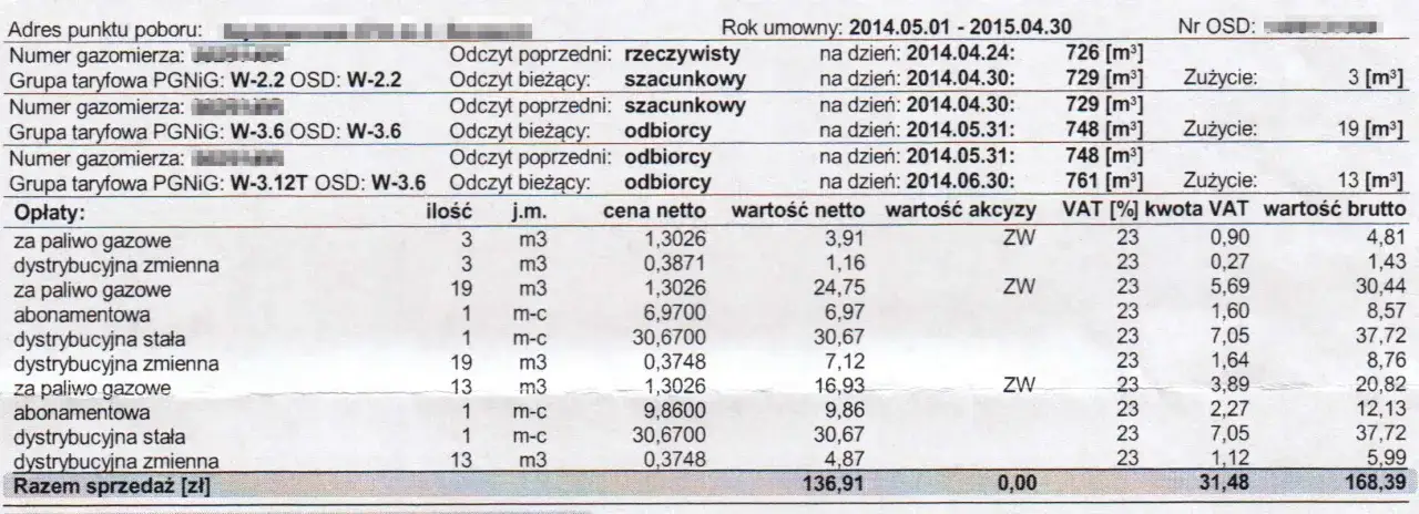 Rachunek za gaz z podziałem na opłaty: paliwo, dystrybucja, abonament. Widać zużycie gazu w mieszkaniu w m³.