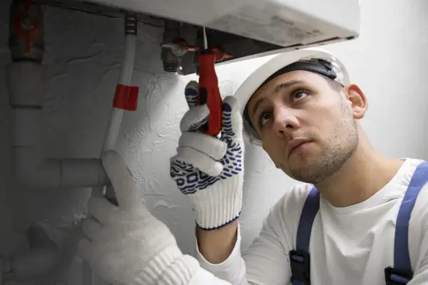 Instalator w rękawicach i kasku używa klucza do regulacji zaworu. Prawdopodobnie przygotowuje środek do płukania instalacji CO.
